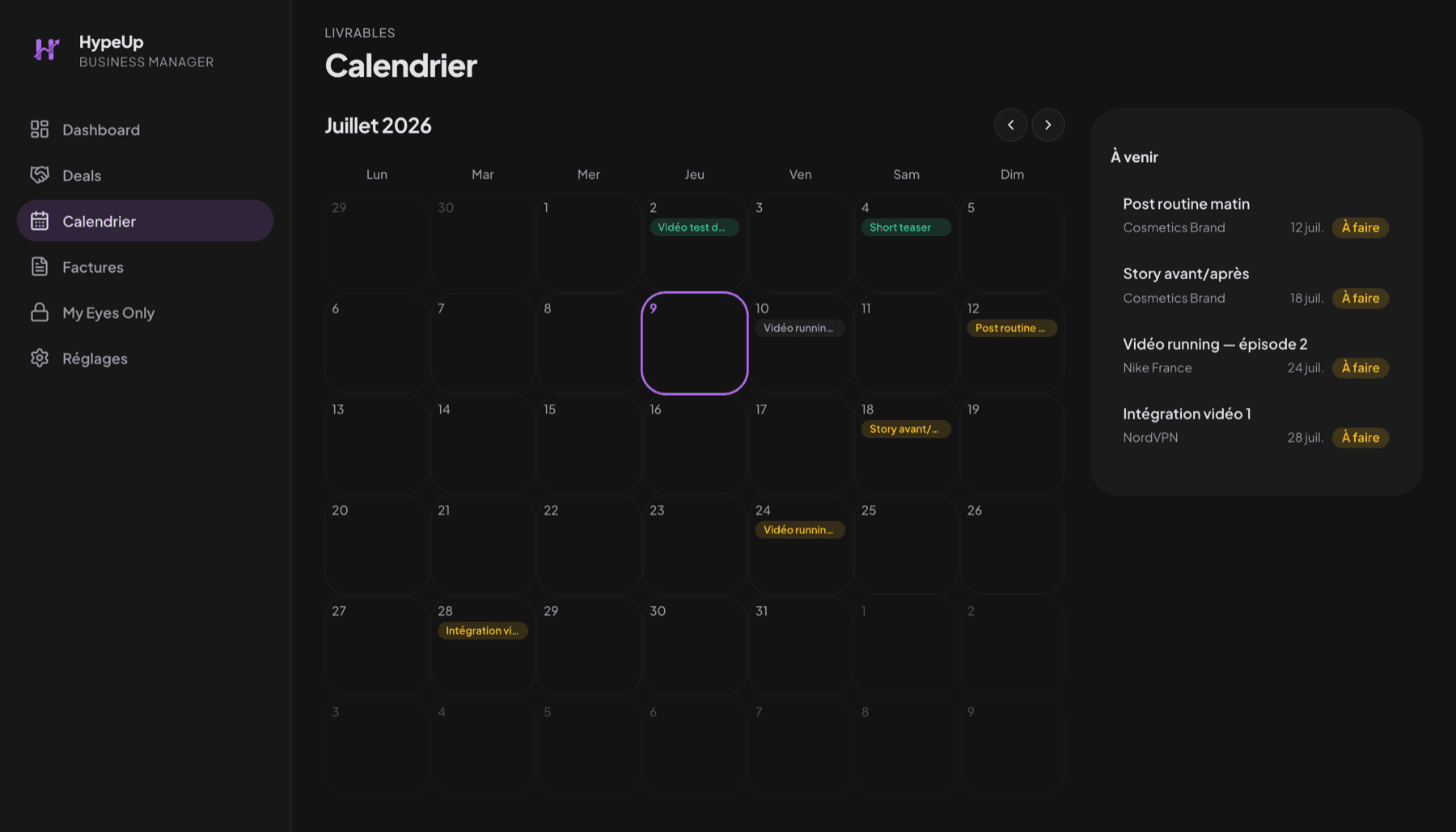 Calendrier des livrables avec rappels dans HypeUp